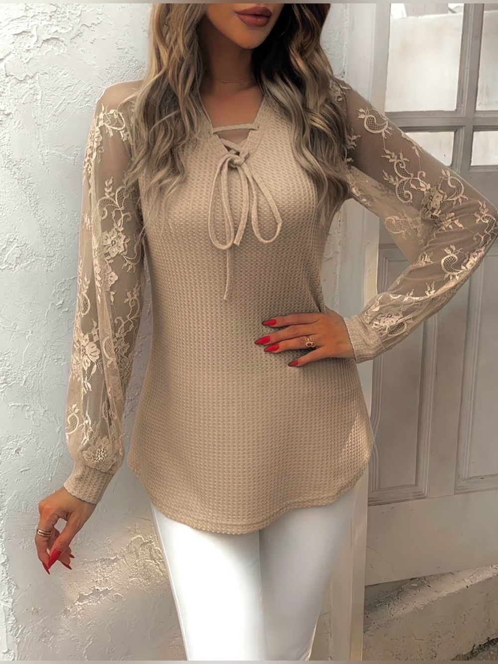 Lace-Sleeve Tie-Neck Tunic in Beige
